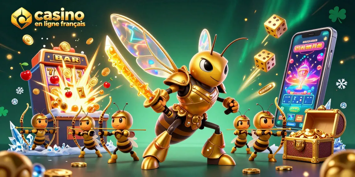 Gagnez avec le casino en ligne français, une illustration dynamique de machines à sous et de personnages animés.