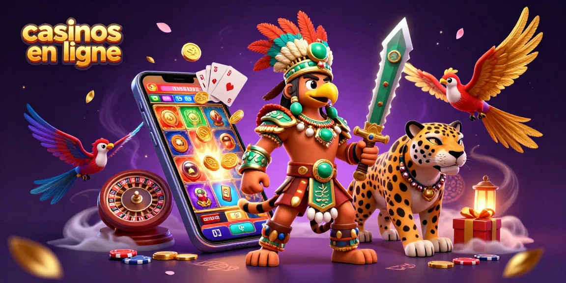 Illustration représentant un guerrier aigle et un guerrier jaguar entourés d'éléments de casinos en ligne.