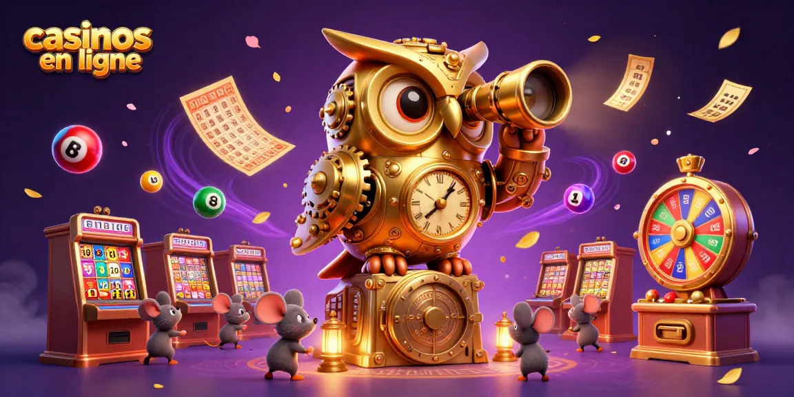 Découvrez des casinos en ligne avec une illustration ludique d'un hibou doré et des éléments de bingo captivants.