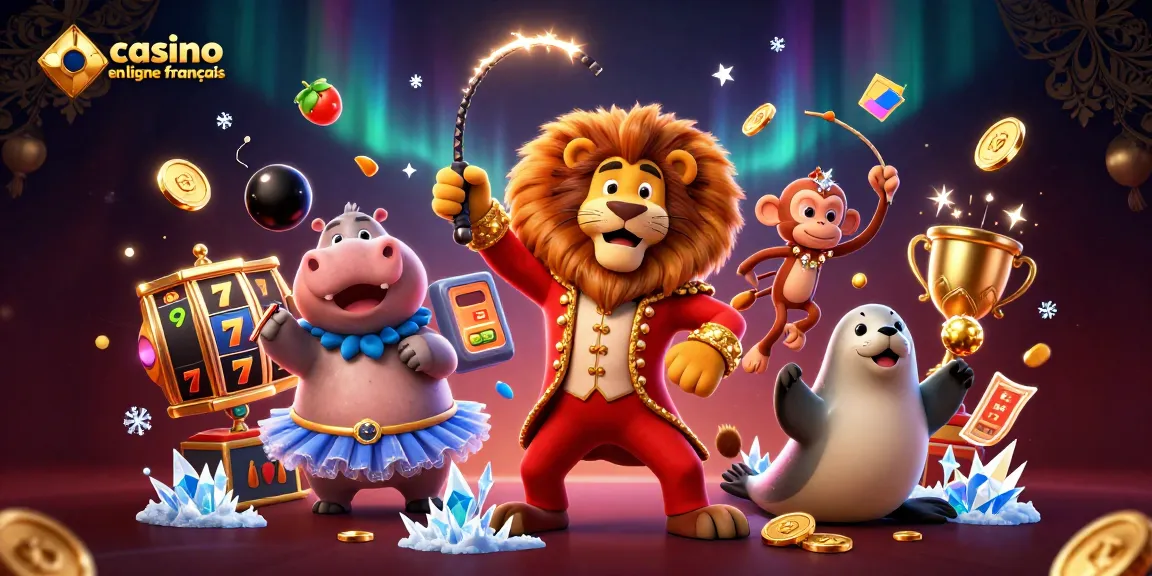 Plongez dans l'univers du casino en ligne français avec une scène dynamique de personnages amusants entourés de machines à sous et de jackpots.