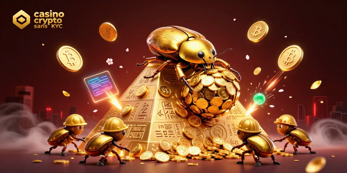 Casino crypto sans KYC : Illustration dynamique de pièces et symboles de casino en 3D.