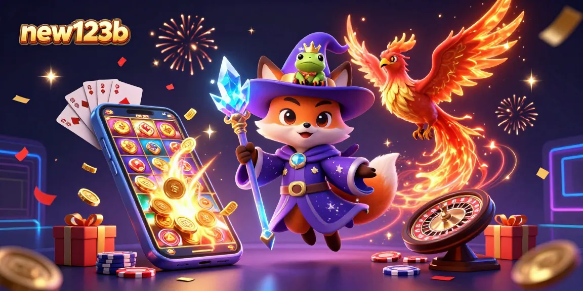 Win big with new123b at this vibrant casino scene showcasing thrilling game elements!