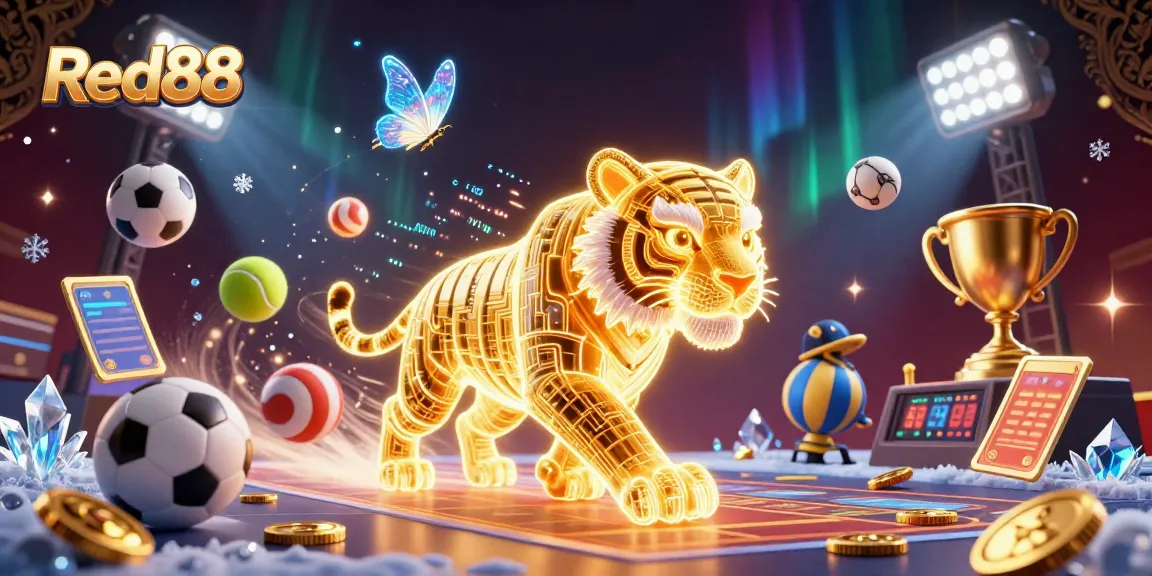 Red88 showcases a vibrant casino scene with a golden tiger and sports balls dynamically interacting.