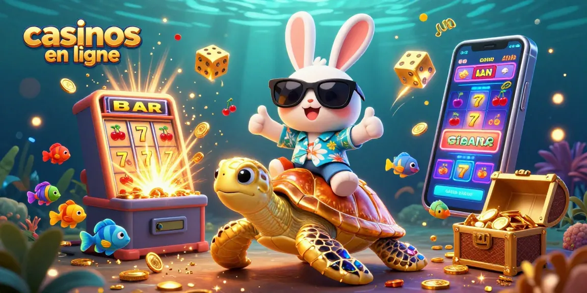Découvrez l'univers des casinos en ligne avec notre illustration ludique d'un lapin chanceux et une tortue dorée!
