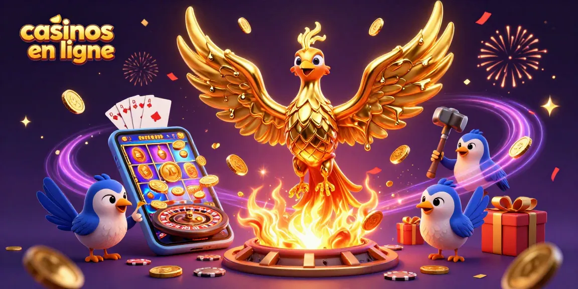 Récupérez des gains incroyables avec les casinos en ligne illustrés par un phénix doré et des éléments de jeu captivants.