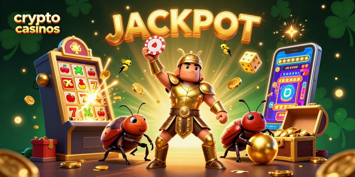 Des crypto casinos en action avec des personnages amusants, un jackpot éclatant et des éléments de jeu colorés.