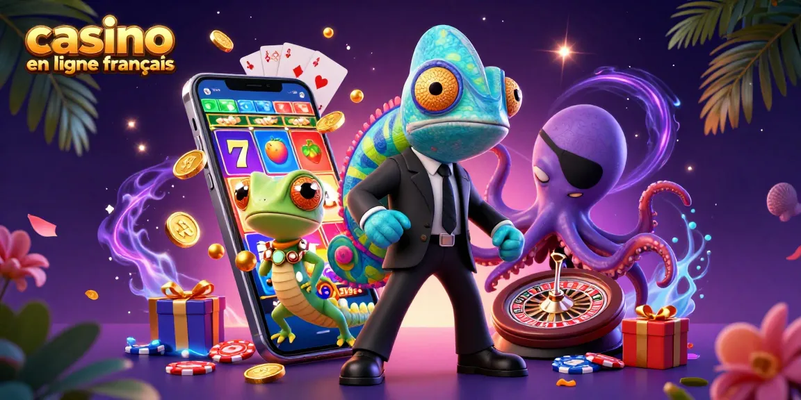 Animation colorée du casino en ligne français avec un caméléon agent secret et un lézard technologique.