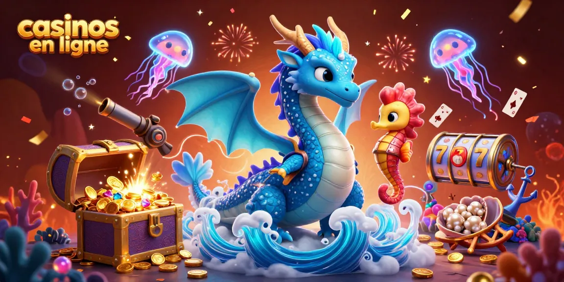 Jouez aux casinos en ligne avec un dragon azur, un chevalier hippocampe et des éléments festifs.