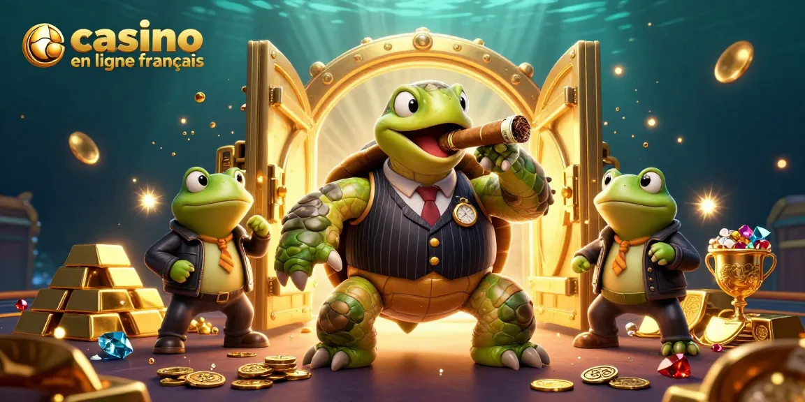 Le casino en ligne français animé par une tortue en costume de gangster, entourée de trésors éclatants.