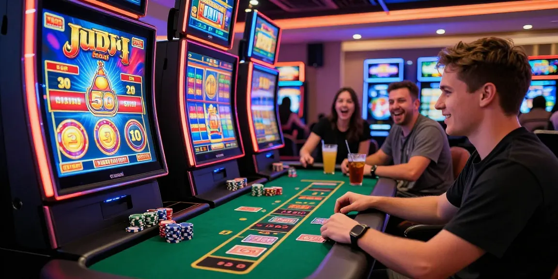 Player enjoying judi slot at a vibrant casino gaming table amidst neon lights.