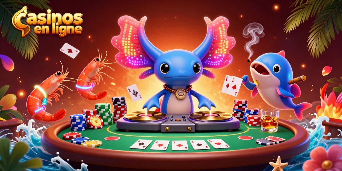 Rejoignez les casinos en ligne avec une illustration animée captivante d'un DJ axolotl sous-marin.