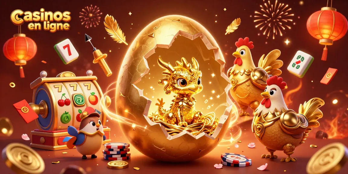 Les casinos en ligne dévoilent une scène dynamique avec un œuf doré et un dragon en or, entourés de jetons et d'éléments de jeu.