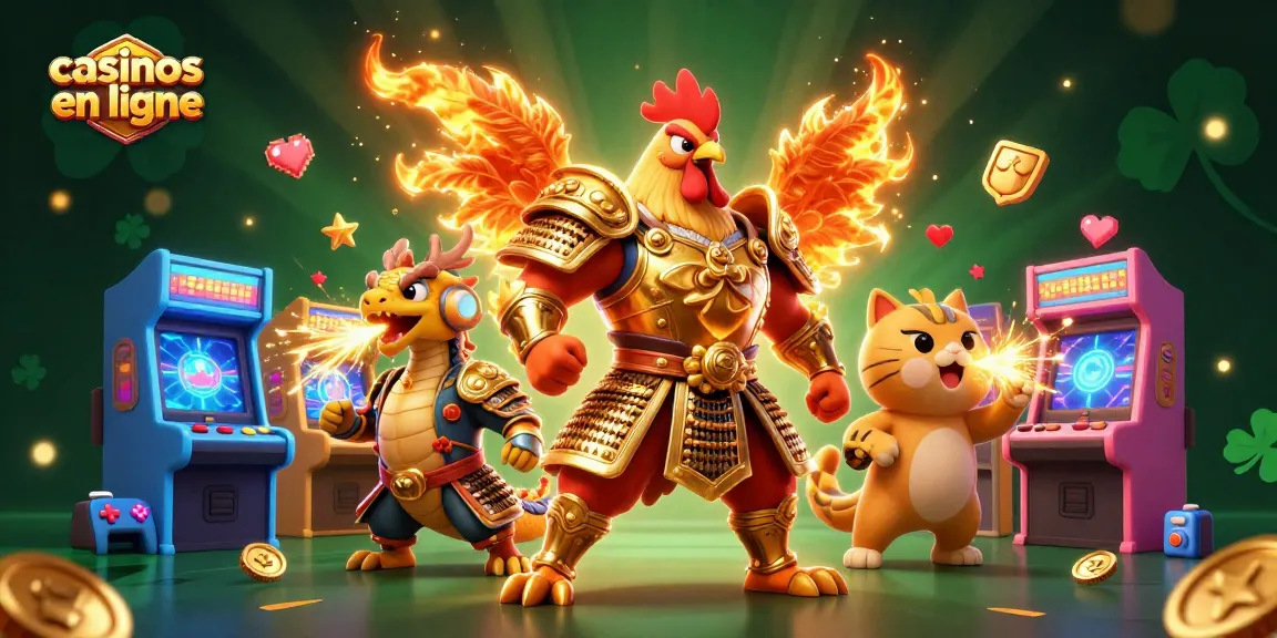 Illustration dynamique des casinos en ligne avec un poulet guerrier et un dragon, ambiance colorée.