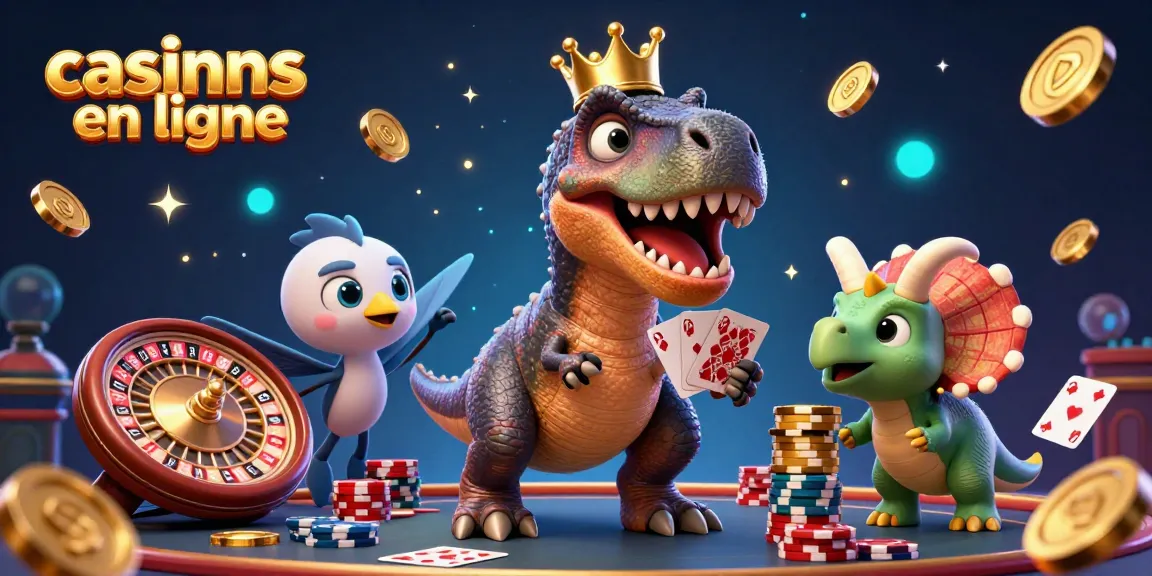Des jeux de casino en ligne animés avec un T-Rex et des personnages divertissants parient des jetons.