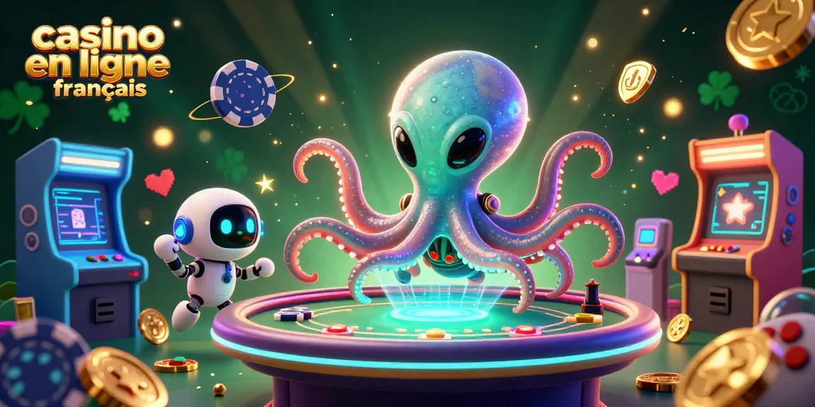 Jouer au casino en ligne français avec un octopus cartoon extraterrestre et un robot, entouré de jeux colorés.