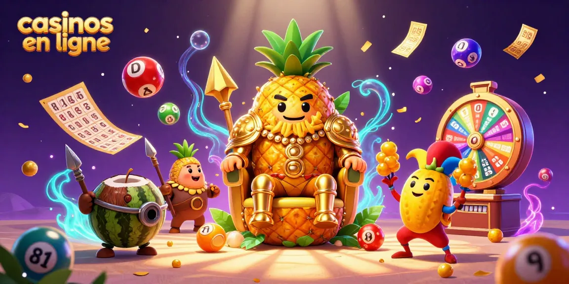 Gagnez à des casinos en ligne avec ce roi ananas jouant aux dés et entouré d'éléments festifs.