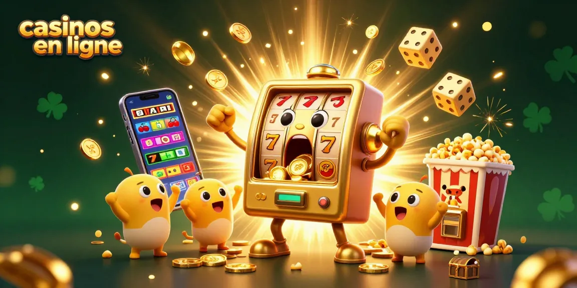 Les casinos en ligne célèbrent un jackpot avec une machine à sous dorée et des machines bébés qui encouragent.