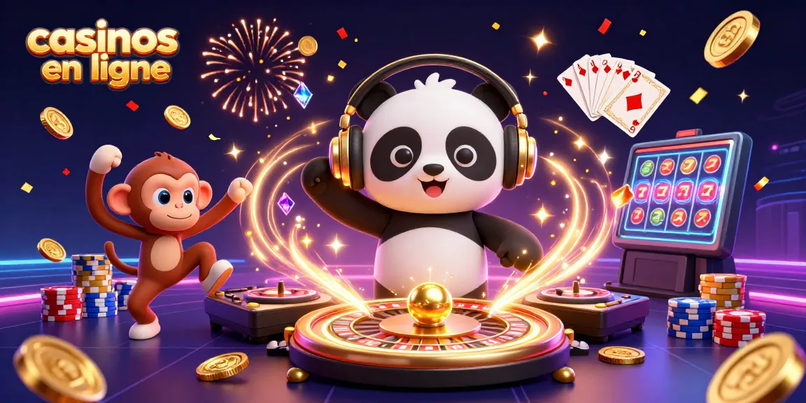 Illustrez des moments de jeux passionnants dans les casinos en ligne avec un panda DJ et des pièces dorées.