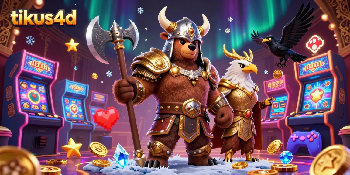 Engage with tikus4d in an immersive 3D cartoon casino scene featuring a Viking bear and Valkyrie eagle.