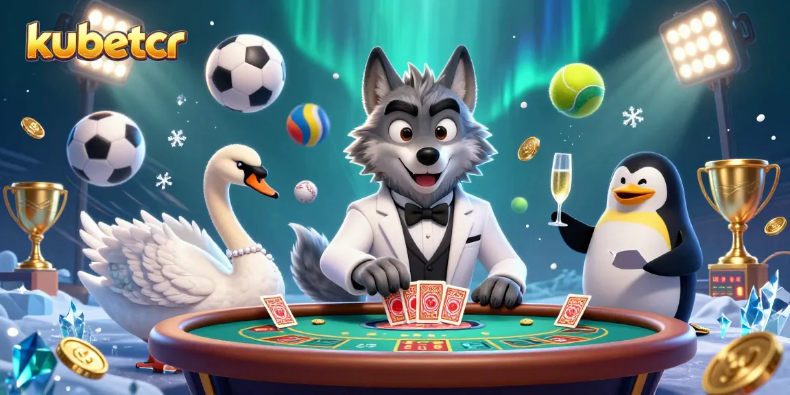 Engage in thrilling gameplay with kubetcr as the debonair wolf plays baccarat at a lively casino table.