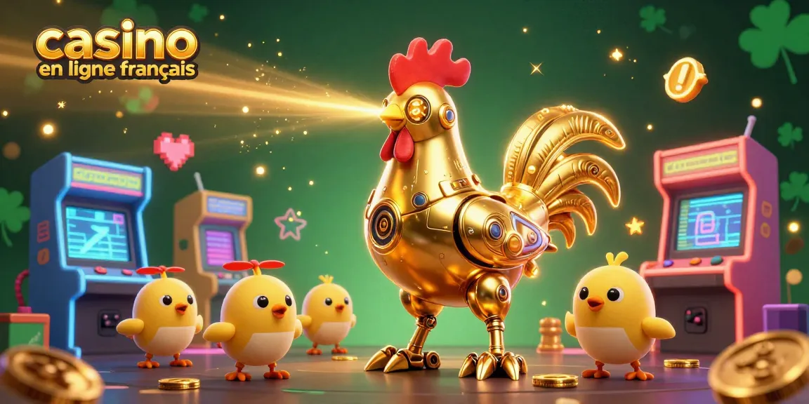 Illustration d'un robot coq doré et ses drones qui explorent un monde de jeux, représentant un casino en ligne français vibrant.