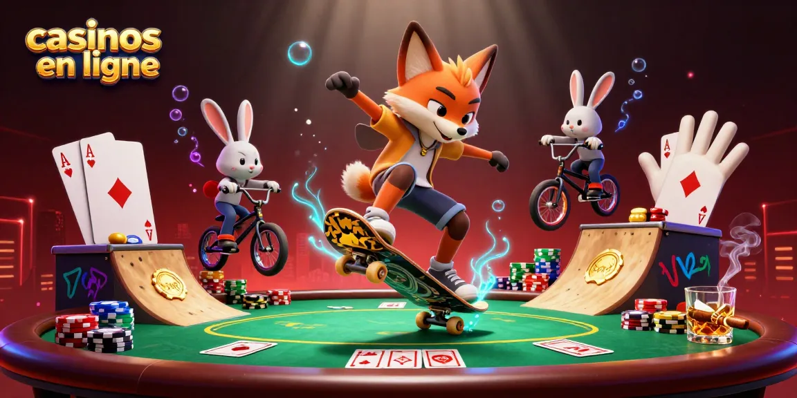 Il s'agit d'une illustration 3D de jeux de casino en ligne avec des personnages amusants et des éléments de poker.