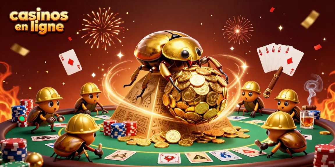 Illustration 3D de casinos en ligne avec un scarabée doré et des jetons de poker colorés.