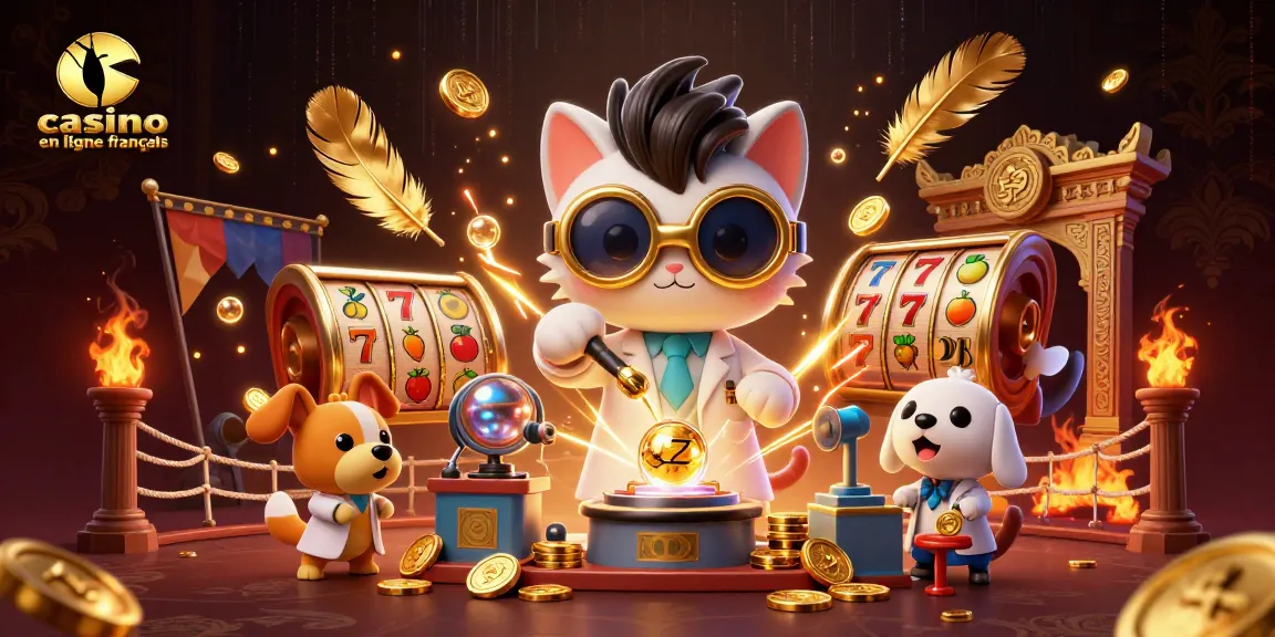 Illustration dynamique de "casino en ligne français", avec un chat savant et un chien assistant créant des machines à pièces d'or.