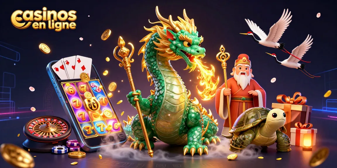 Des joueurs découvrent l'univers des casinos en ligne avec un dragon de jade et des symboles de jeux.