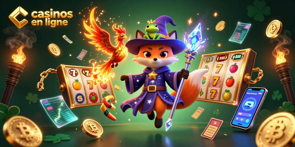 Profitez des casinos en ligne avec cette illustration magique montrant un renard sorcier et un phoenix flamboyant.