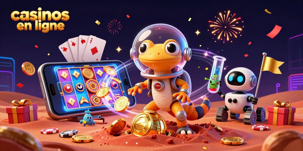 Vivez l'excitation des casinos en ligne avec un gecko martien découvrant un casino doré sur Mars.