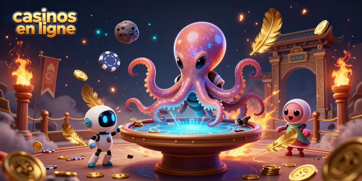 Jouez dans des casinos en ligne avec une illustration dynamique d'une pieuvre extraterrestre et une table de poker holographique.
