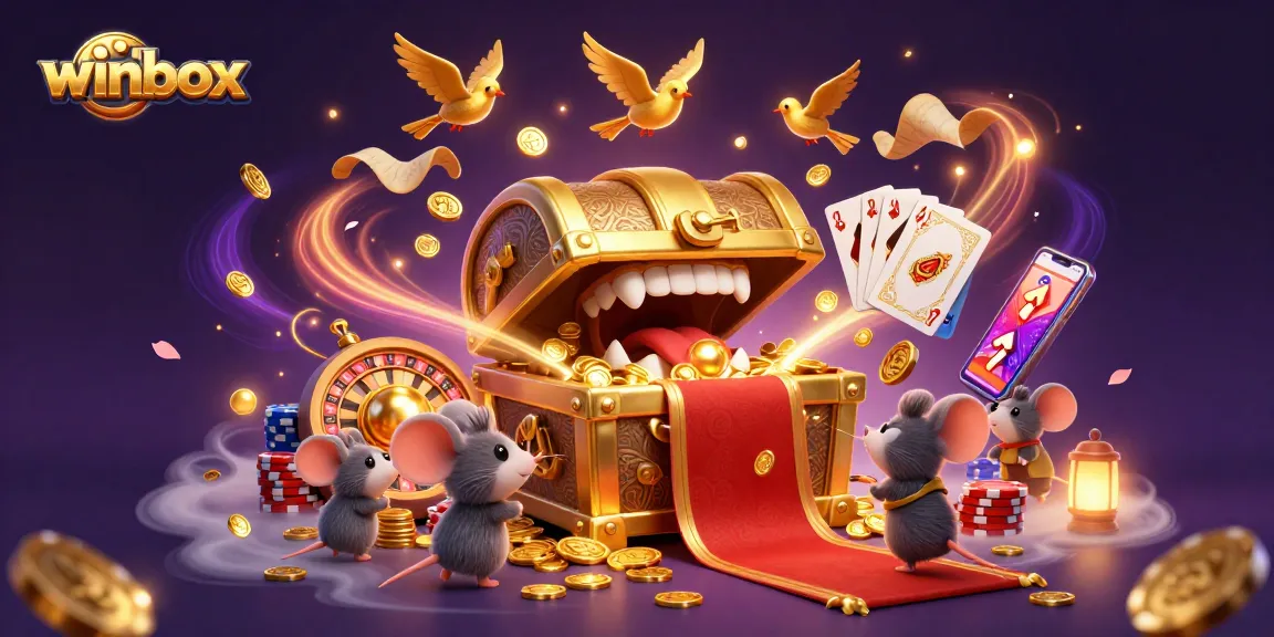 Winbox offers an enchanting treasure-hunting adventure in a vibrant casino scene with golden treasures.