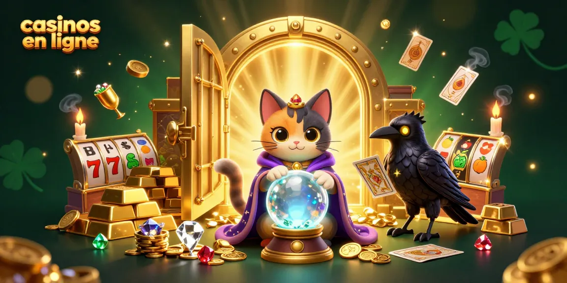 Illustration captivante de la mystique du jeu avec des casinos en ligne, des chats et des flammes.