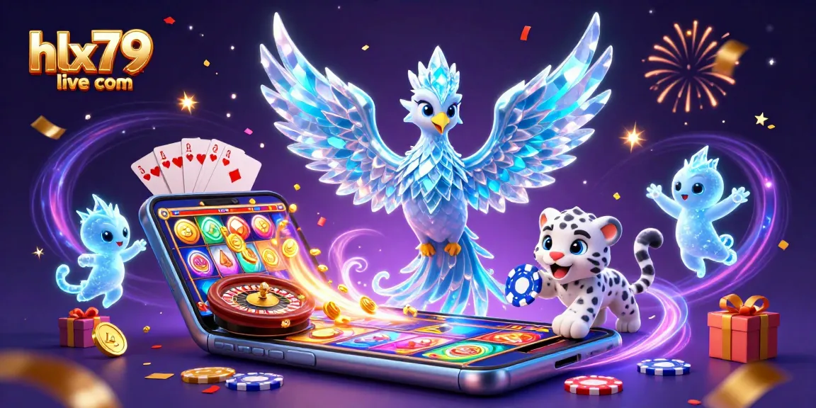 Engage in the thrilling world of hlx79live com with an ice phoenix, poker chip, and vibrant casino elements.