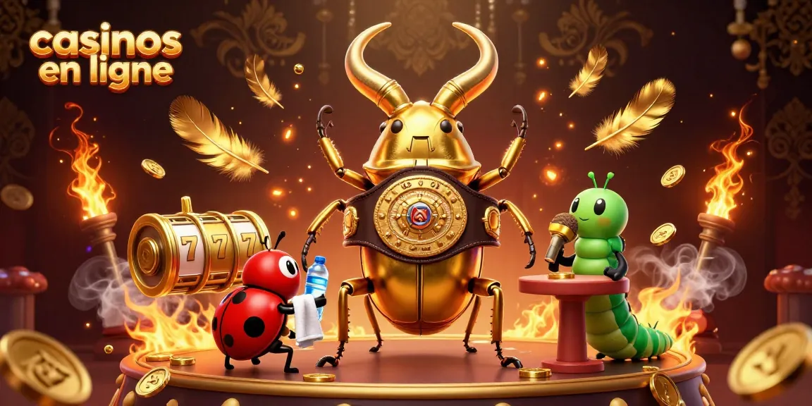Les casinos en ligne exhibent un combat épique entre insectes colorés au casino, avec des éléments dorés.