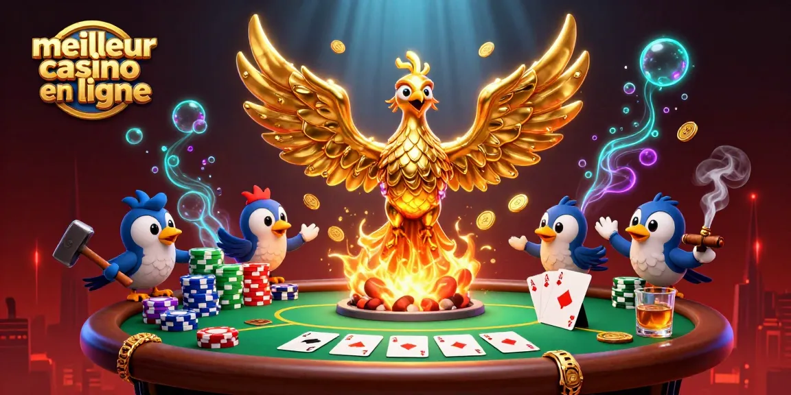 Découvrez les éléments vibrants du meilleur casino en ligne avec le phénix doré et les jetons de poker.