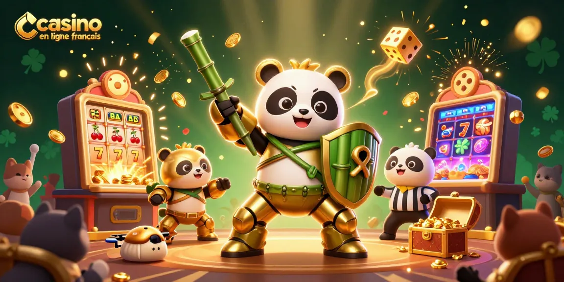 Animation captivante de casino en ligne français illustrant un panda doré en robot de combat entouré d'éléments de jeu dynamique.