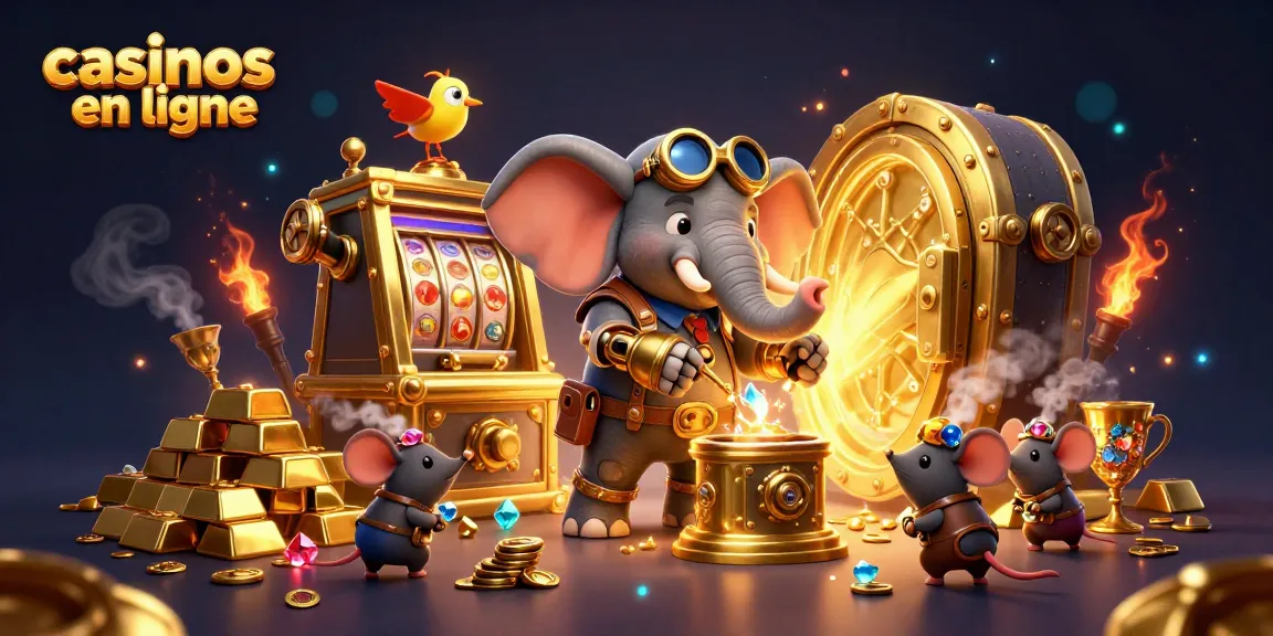 Célébrez les casinos en ligne avec un éléphant ingénieur steampunk et des lingots d'or scintillants.
