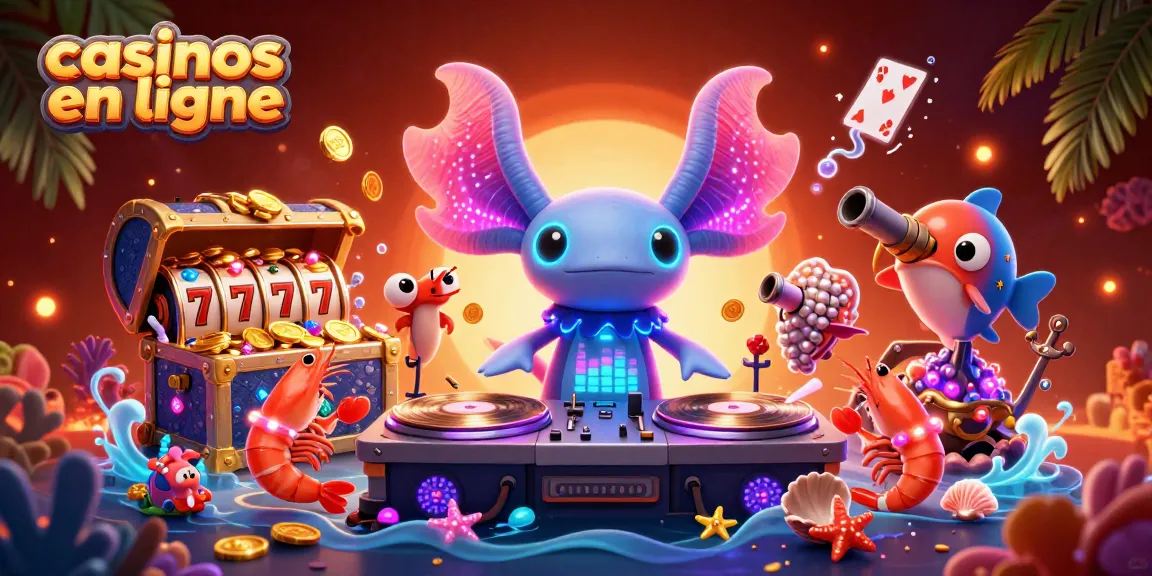 Profitez des jeux passionnants dans les casinos en ligne avec cette illustration dynamique d'un DJ axolotl sous-marin.