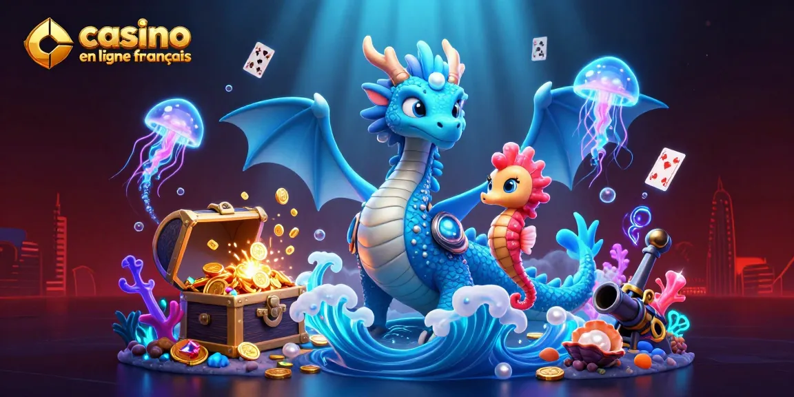 Plongez dans l'univers du casino en ligne français avec ce dragon azur, un chevalier hippocampe et des méduses brillantes.