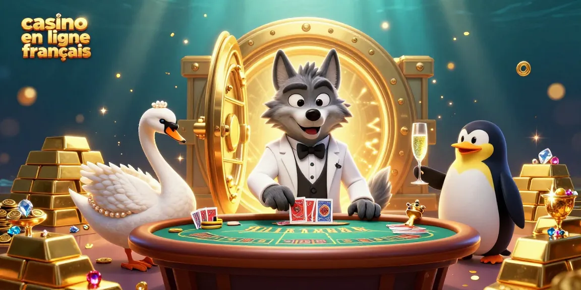 Le casino en ligne français avec un loup élégant et des personnages animés jouant aux cartes sous un fond sous-marin.