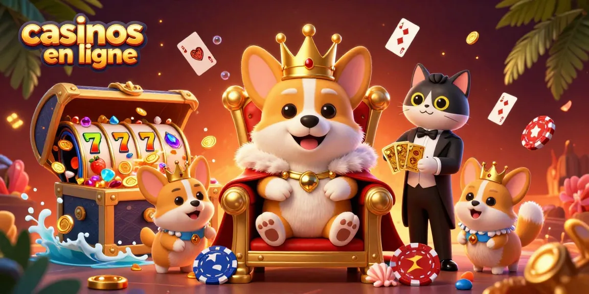 Émerveillez-vous avec des jeux captivants dans les casinos en ligne avec un corgi royal entouré de joyaux.