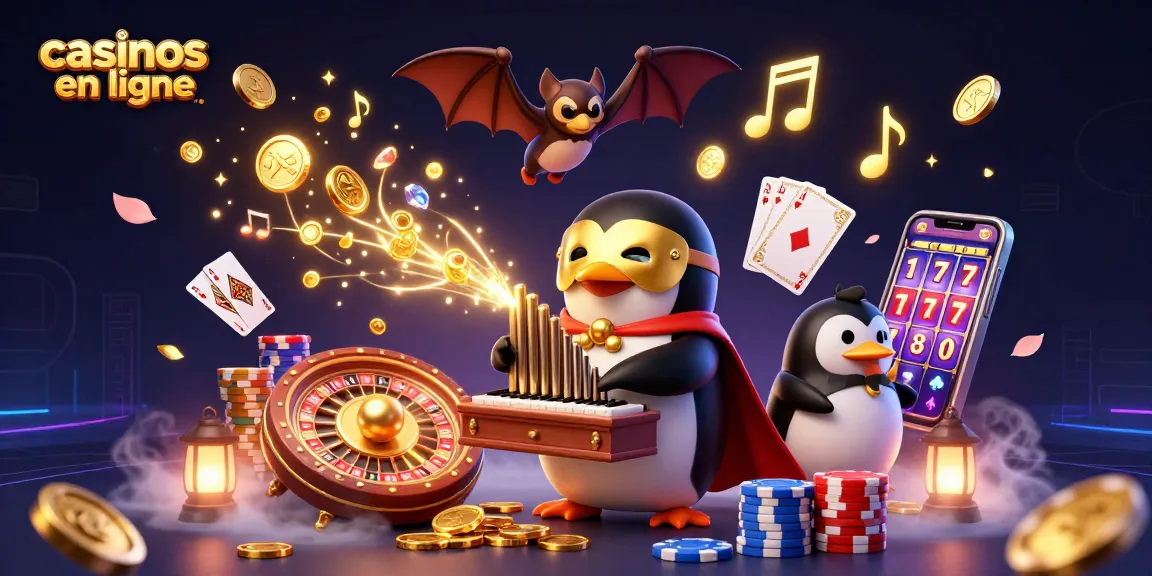 Assistez un pingouin dans une scène de jeu présentant des casinos en ligne avec des gains abondants.