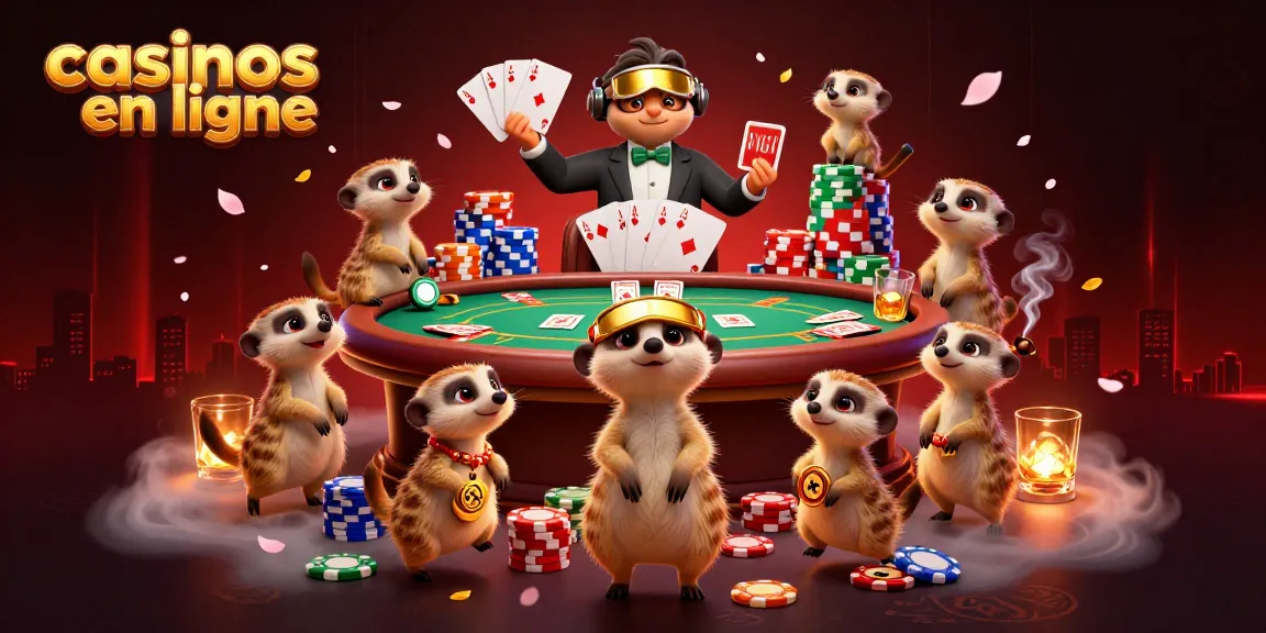Les meerkats dirigent un casino en ligne vibrant, avec des jeux de cartes et des jetons colorés.