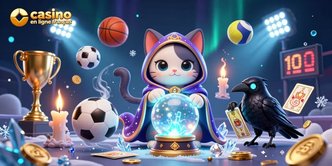 Jouez au casino en ligne français avec des éléments magiques et sportifs animés dans une illustration 3D captivante.