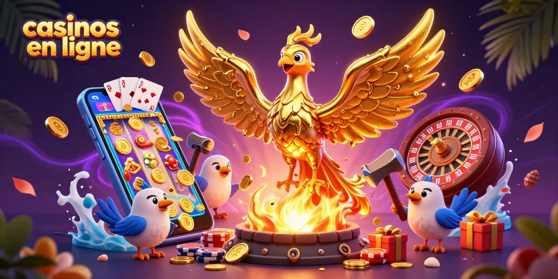 Découvrez des casinos en ligne avec cette illustration captivante représentant un phoenix doré et des éléments de jeu.