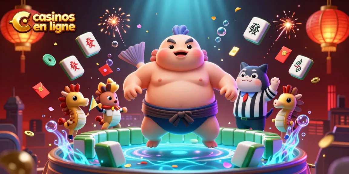 Illustration divertissante de casinos en ligne avec un fugu en ceinture de sumo et un arbitre poisson-chat.