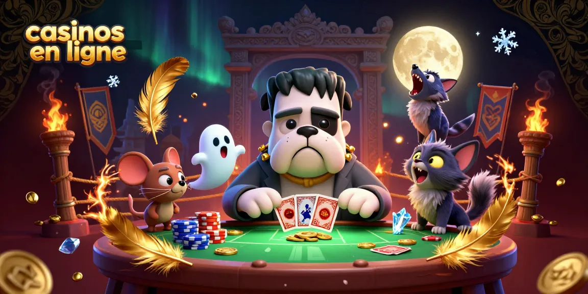 Dynamique illustration 3D de casinos en ligne avec un bulldog Frankenstein distribuant des cartes, une souris fantôme et un chaton louve.