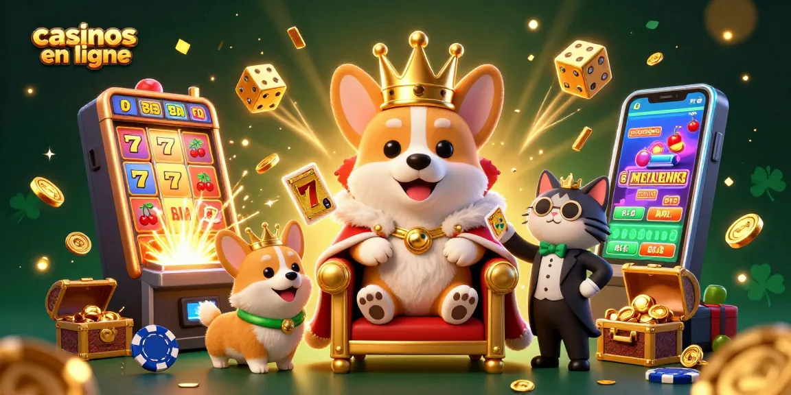 Illustration captivante des casinos en ligne avec un corgi royal sur un trône de jetons de poker.